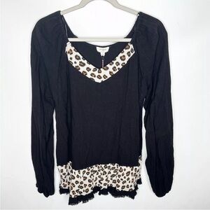 NWT Umgee Womens Black Cheetah Print Long Sleeve Top Boho Size Small
